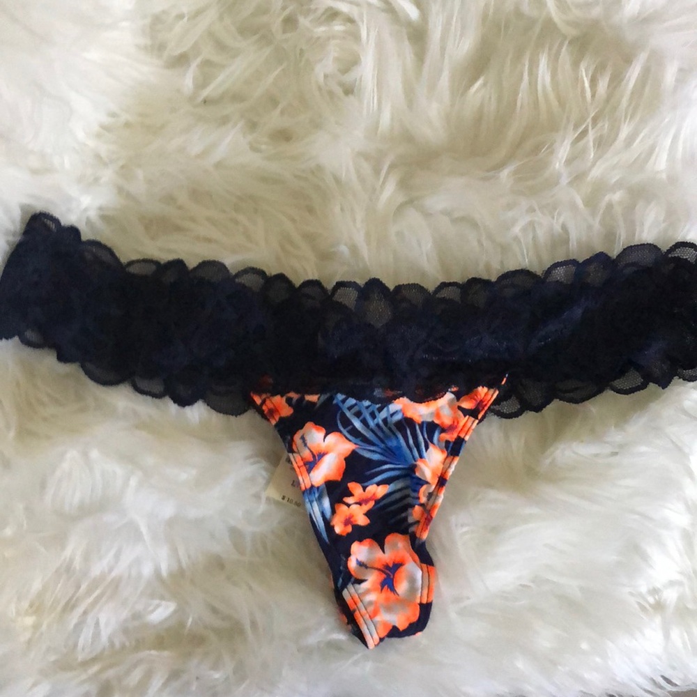 Vibrant orange and navy hibiscus print PINK extra low rise thong size L NWT